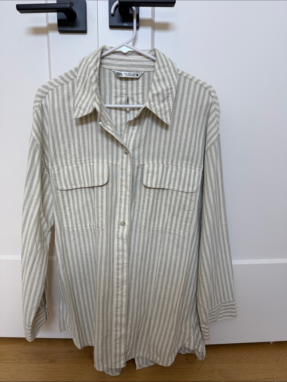 ZARA Women’s Light Grey and Off-White Striped Button-Down Shirt